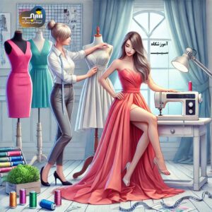 تصویری از کلاس آموزش نازکدوزی لباس زنانه در کرمان با دانشجویان در حال یادگیری و دوخت لباس‌های زنانه