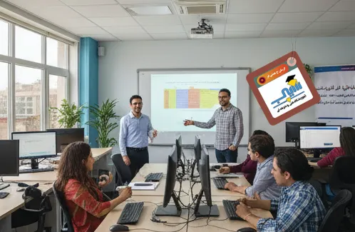 گروهی از دانشجویان در حال یادگیری کامپیوتر در کلاس ICDL آموزشگاه سیب با راهنمایی استاد، فضای آموزشی روشن