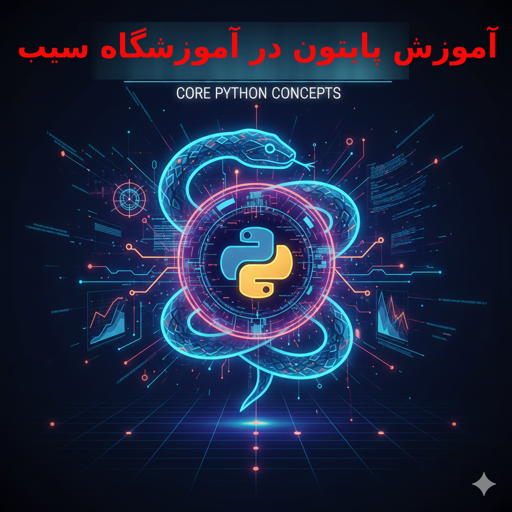 لوگوی پایتون با نمادهای تکنولوژی و المان‌های شهر کرمان برای معرفی جامعه پایتون کِرمان